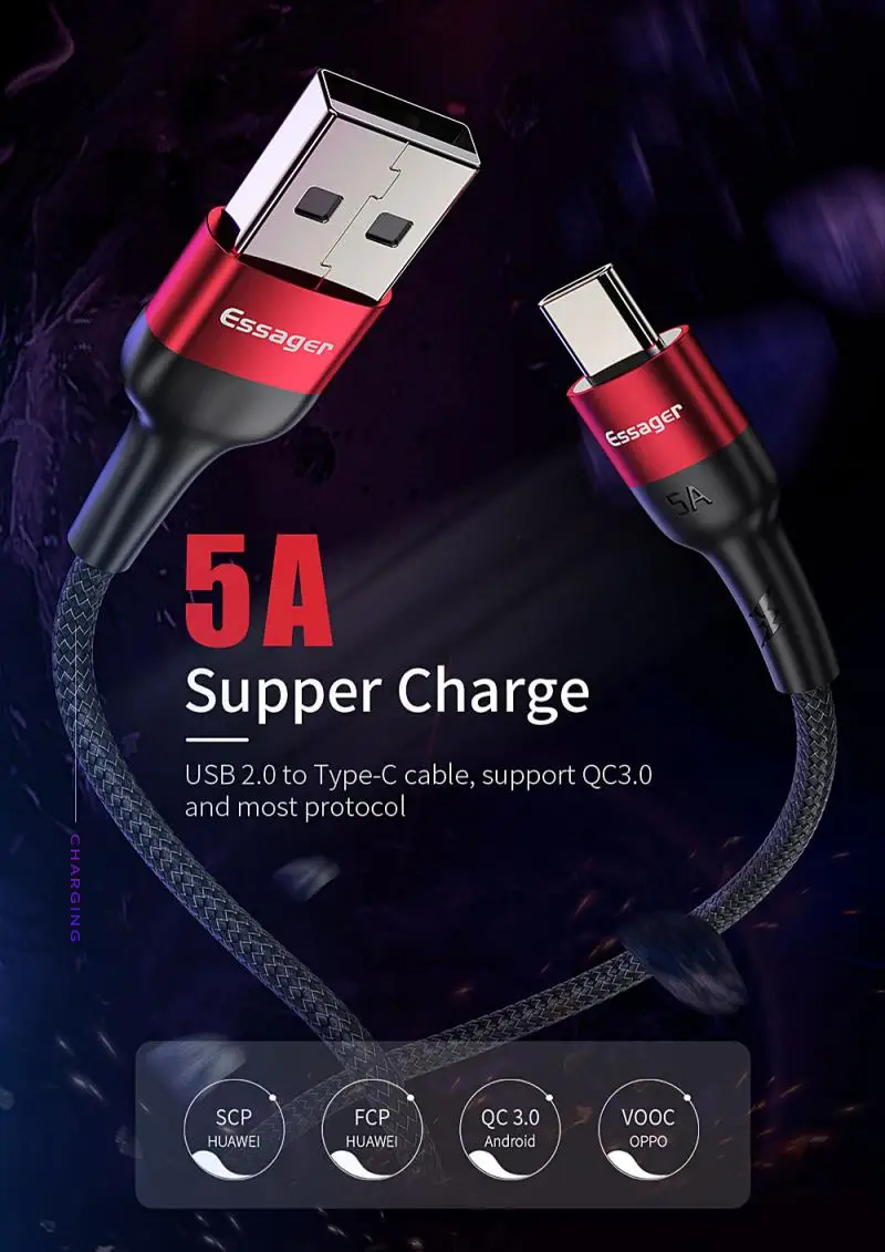 Кабель Essager 5A usb type C для huawei mate 20 P30 P20 Pro Lite Xiaomi Redmi Note 7 USBC шнур быстрой зарядки USB