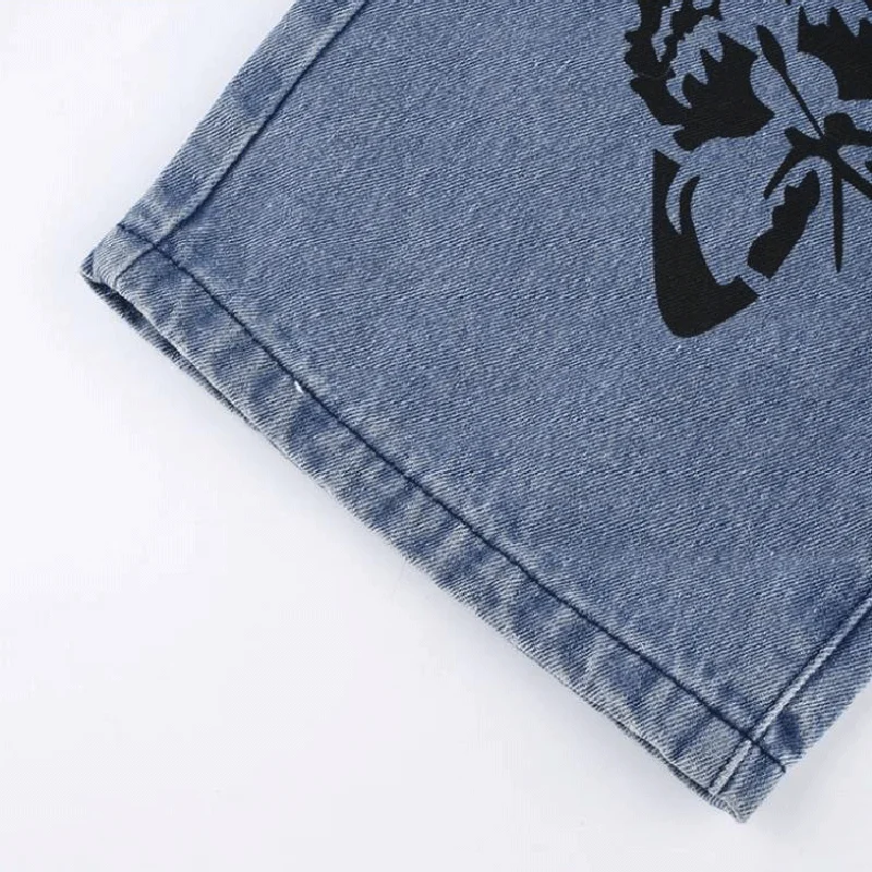 

2021 New Summer Butterfly Printed baggy Female Jeans Vintage Fashion High Waist Loose Leg Trousers Casual Streetwear Women pants