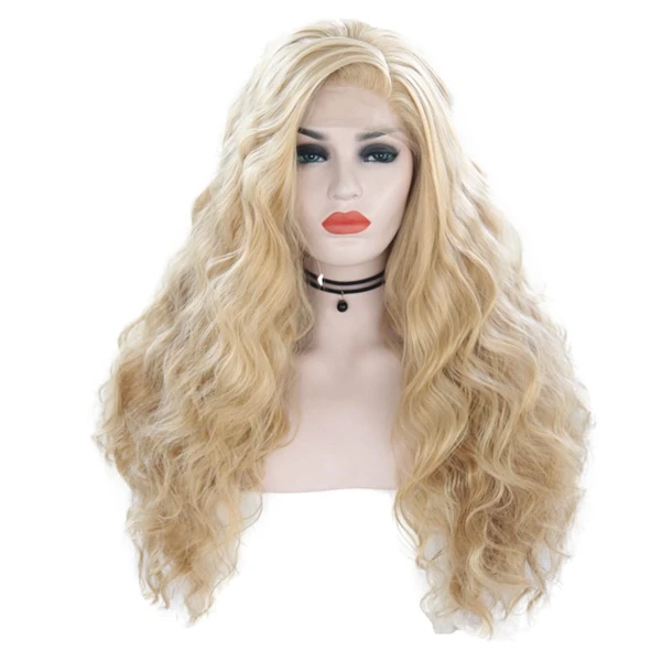 blonde JOY&BEAUTY 28 дюймов синтетический парик на кружеве мятный зеленый фиолетовый красный розовый блондин синий длинные вьющиеся термостойкие парики для косплея - Color: blonde