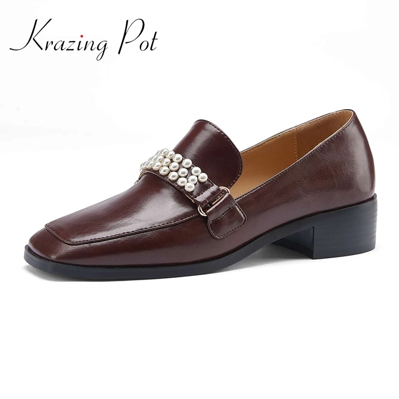 

Krazing Pot 2021 spring new arrival Mary janes split leather square toe med heel pearl decoration princess style women pumps L20
