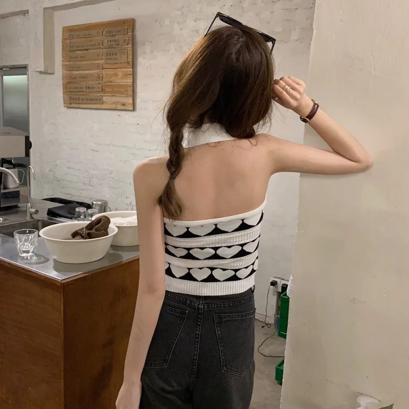 

Off-the-Shoulder Design Heart-Shaped Slim-Fit Halter Knitted Camisole Women's Summer Inner Match Slimming Skinny Short Top