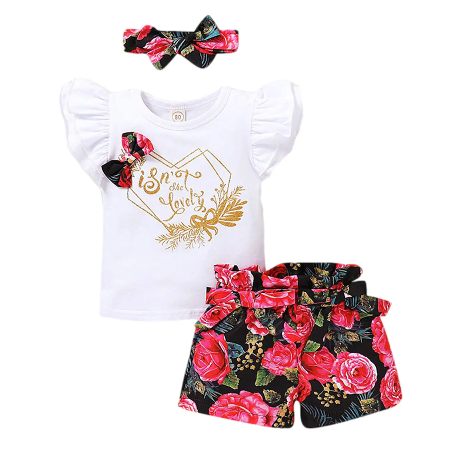 

Girl’s Clothes Fresh Letter Short Sleeve Tops and Flower Short Pants with Headband