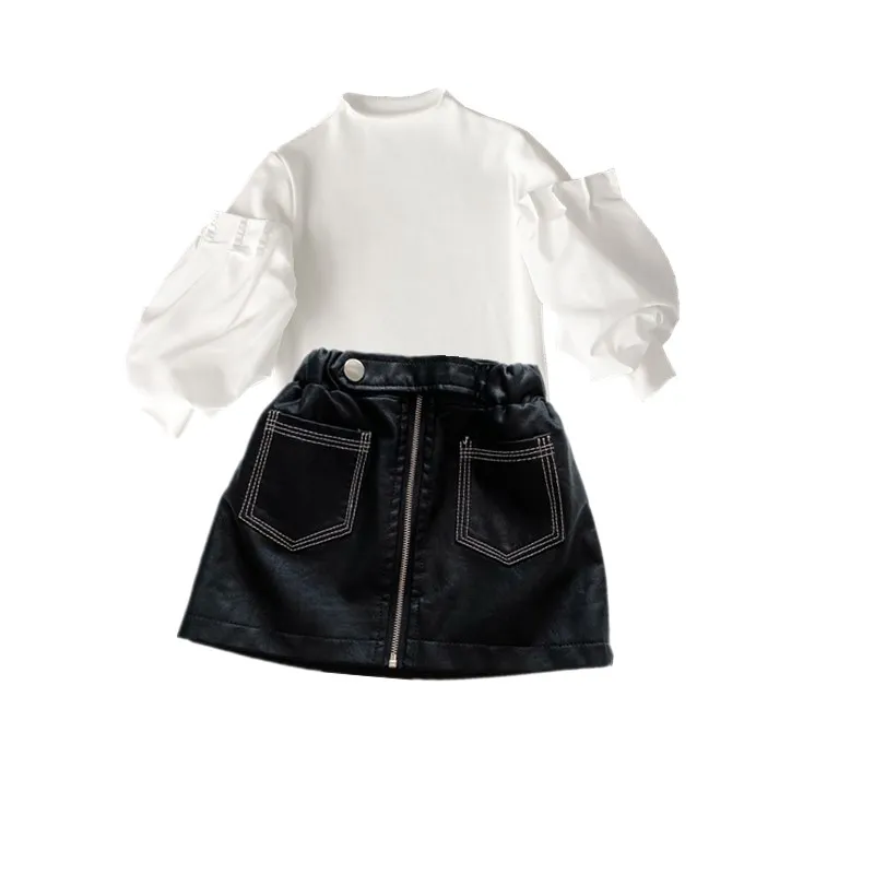 

Jargazol Autumn Kids Clothes Fashion Korean Lace Long Sleeve Top&Leather Skirt Leather Skirt Little Girls Clothing Set Outfits