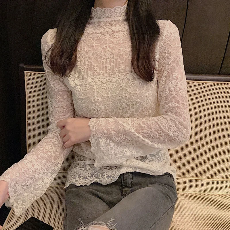 Сексуальная Открытая черная футболка Женская Кружевная с высоким воротником