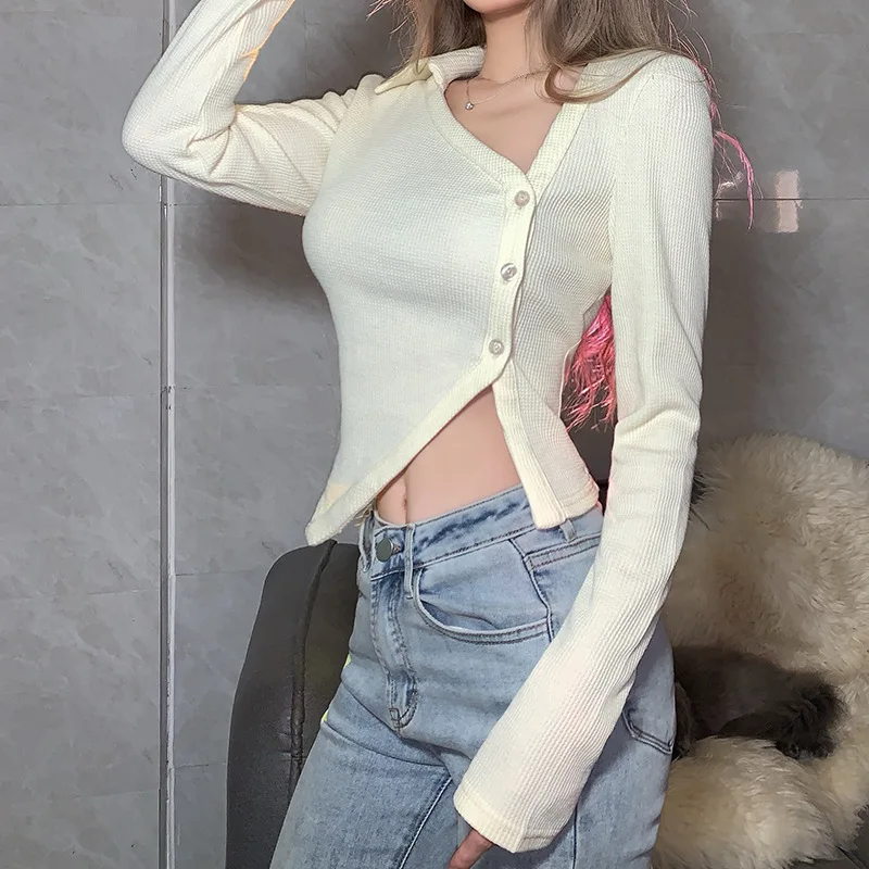 Асимметричная однобортная рубашка Fitshinling Y2K с Боковым Разрезом длинным рукавом и