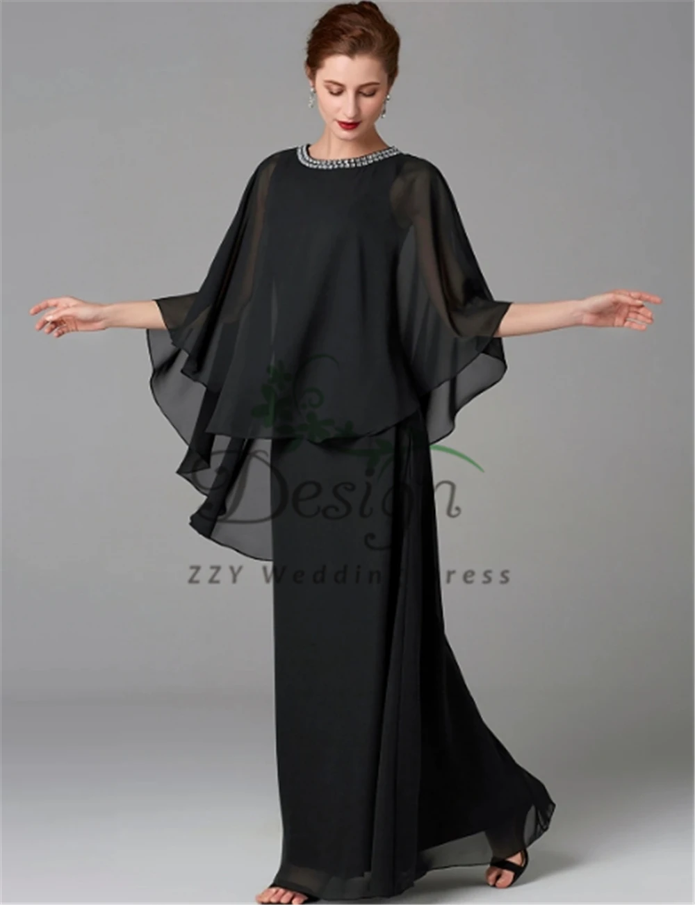 

Черные шифоновые женские платья, вечерние платья-трапеции с бисером и кристаллами, Индивидуальные Длинные платья невесты
