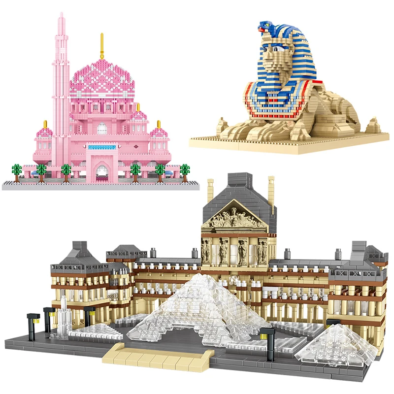World Architecture Louvre Miniature Building Blocks Pink Mosque Castle Church Palace 3D Sphinx Model Brick Children's Toy Gift
