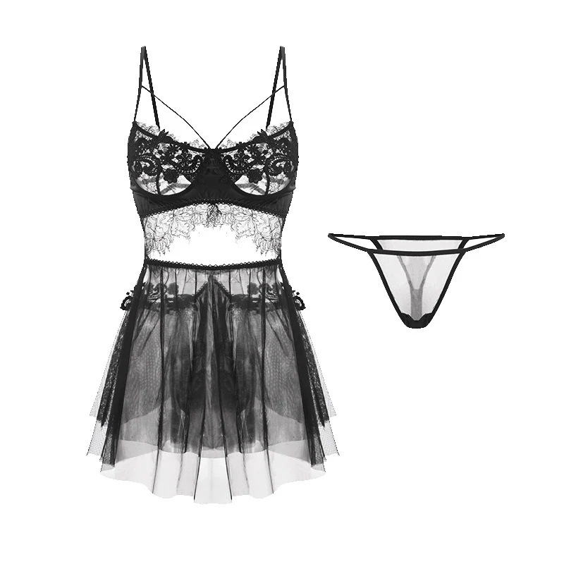 

Women White Embroidery Stitching Sleepwear Hollow Sleeveless Sexy Transparent Lingeries V-Neck Slim Perspective Shapewear Set