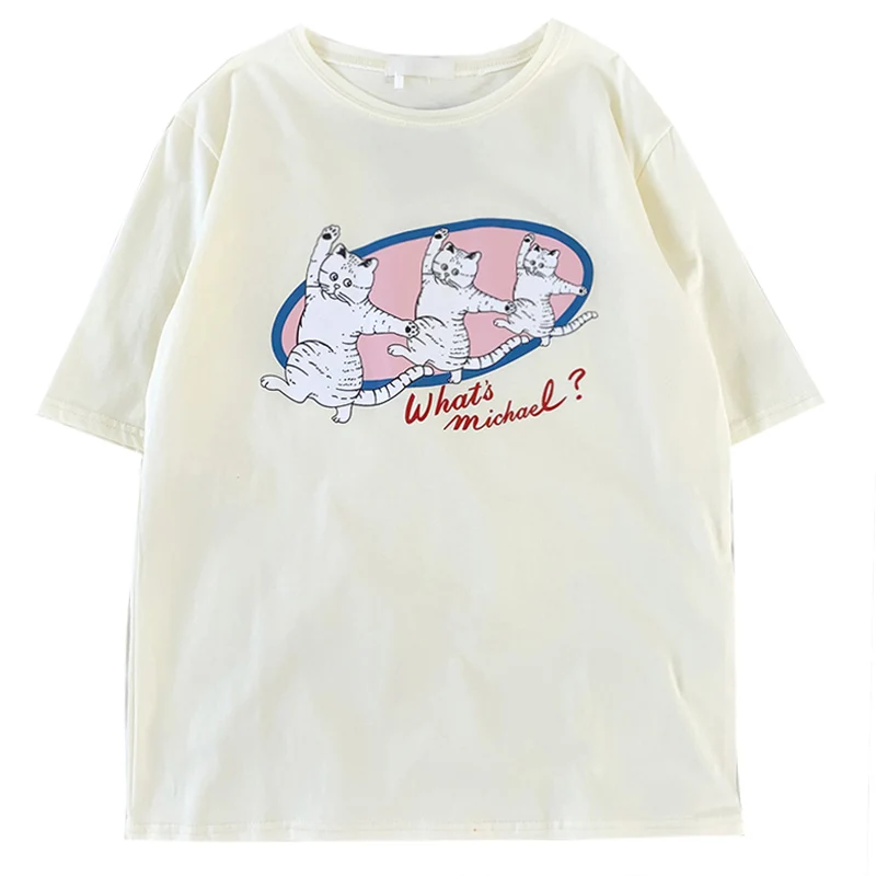 

Three Cats Love Dancing Beige T Shirt Women Cartoon Letter Print Light Apricot Round Neck Loose Short Sleeve T-shirt
