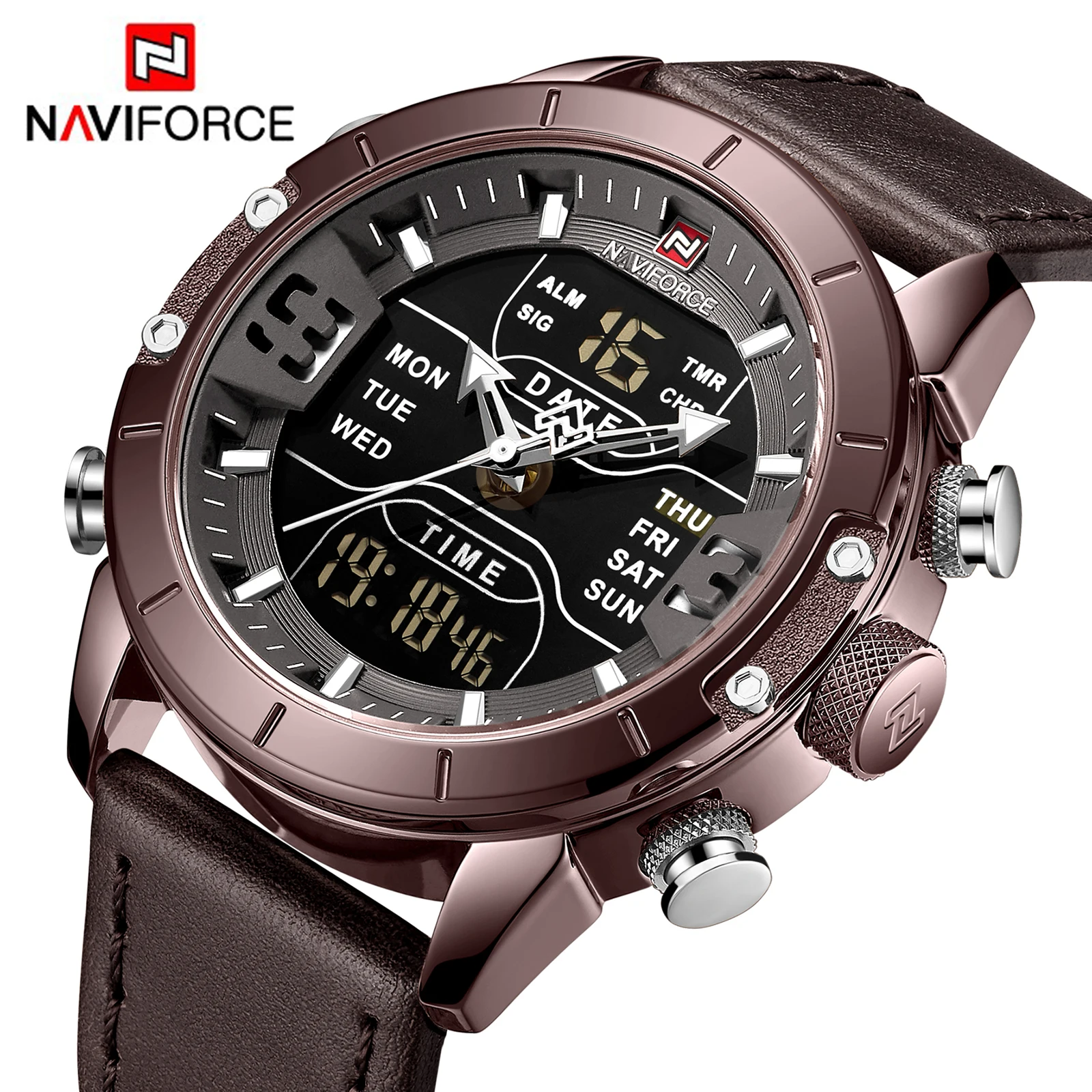 NAVIFORCE, военные спортивные светодиодный цифровые часы, мужские водонепроницаемые кварцевые аналоговые часы, ремешок из натуральной кожи, модные наручные часы