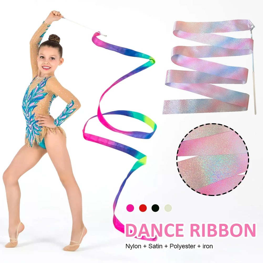 

2M Flashing Star Gym Ribbons Dance Ribbon Rhythmic Art Gymnastics Ballet Streamer Twirling Rod Rainbow Stick Kids Training Tool