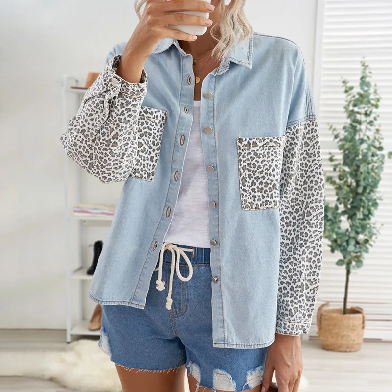 

Denim Coat Women's Autumn and Winter New European American Stitched Pocket Casual Top Leopard Print Jacket