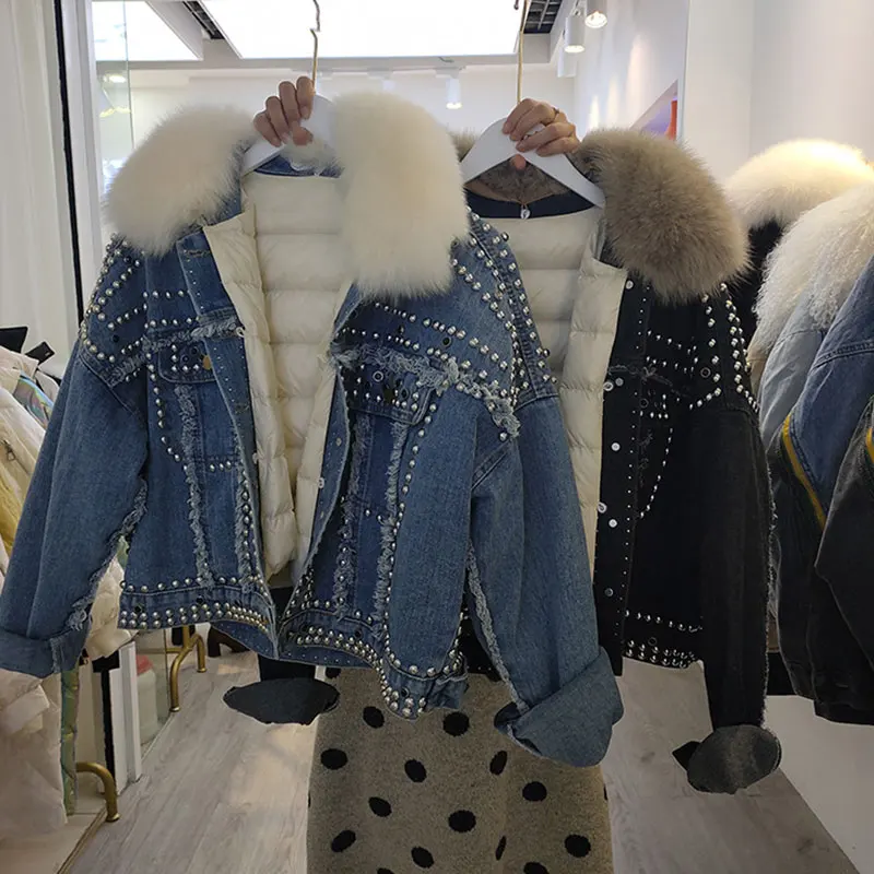 Женский зимний пуховик с воротником из натурального Лисьего меха и съемной