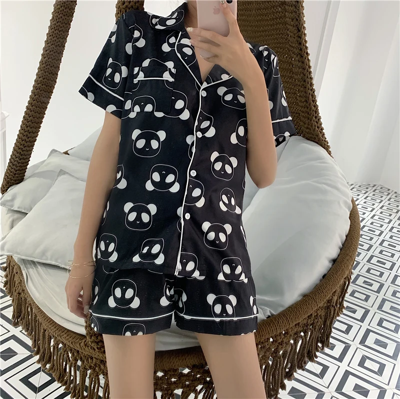 

2021 Women Pajama Sets Summer Short Sleeve Silk Satin Shorts Kawaii Panda Print Sleepwear Homewear Pijama Mujer Home Clothes