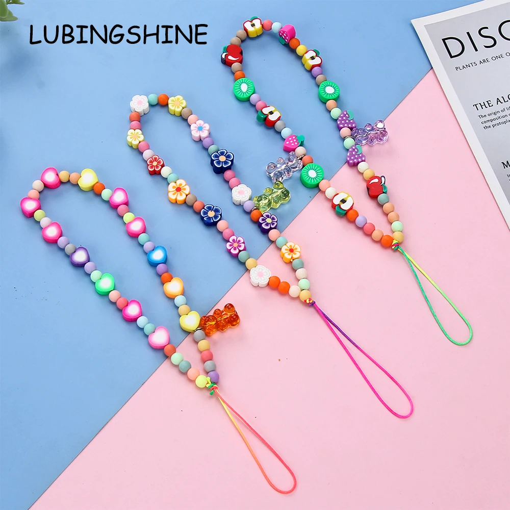 

Mobile Phone Strap Lanyard Color Fruit Flower Bear Acrylic Soft Pottery Rope for Women Cell Phone Case Hanging Cord Beads Chain