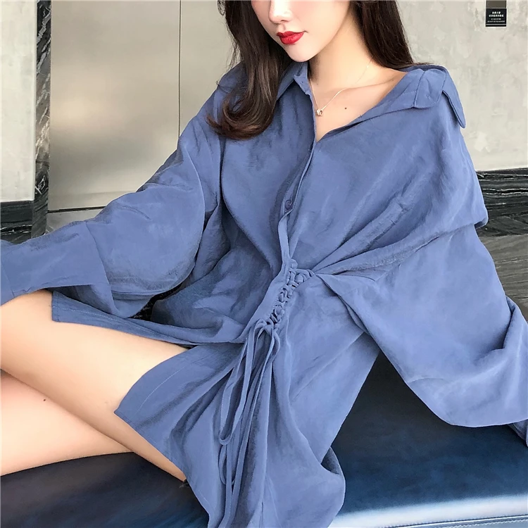[EWQ] 2020 Speing New Long Sleeve Drawstring Single-Breasted Design Women Shirt Jacket Korean Oversized Ladies Blouse Tops QX165 | Женская
