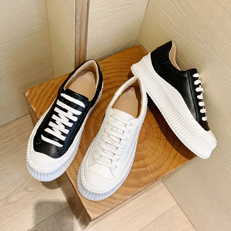 

Little White Shoes Female 2021 Spring New Round Toe Thick-Soled Casual Sports Shoes Flat-Bottom Lace-up Casual Shoes