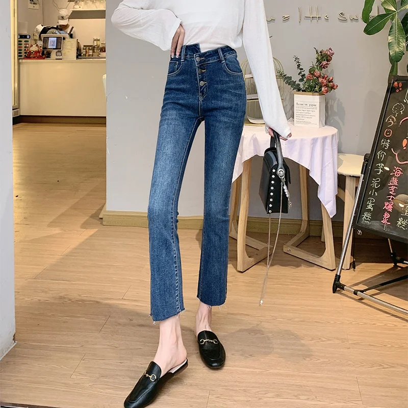 Новинка 2021 женские джинсы укороченные ботинки черные облегающие осенние брюки