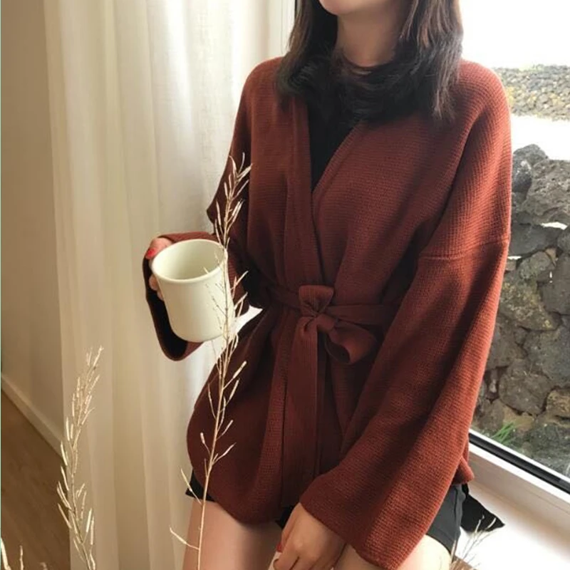 

Autumn Winter Cardigans Sweater Women Cardigan With Tie Belt Wide Sleeve Open Front Cozy Knit Cardigan Ladies Knitwear