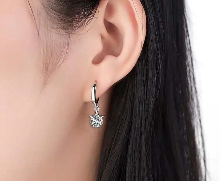 Женские асимметричные серьги с пятиконечными звездами Серебристые кристаллами