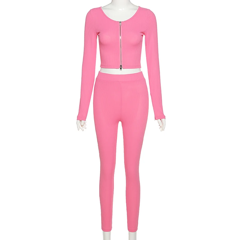

Ribbed Knitted 2 Piece Outfits Women Autumn Solid Slash Neck Jacket Tops+Elastic Leggings Matching Sets Hot New Streetwear