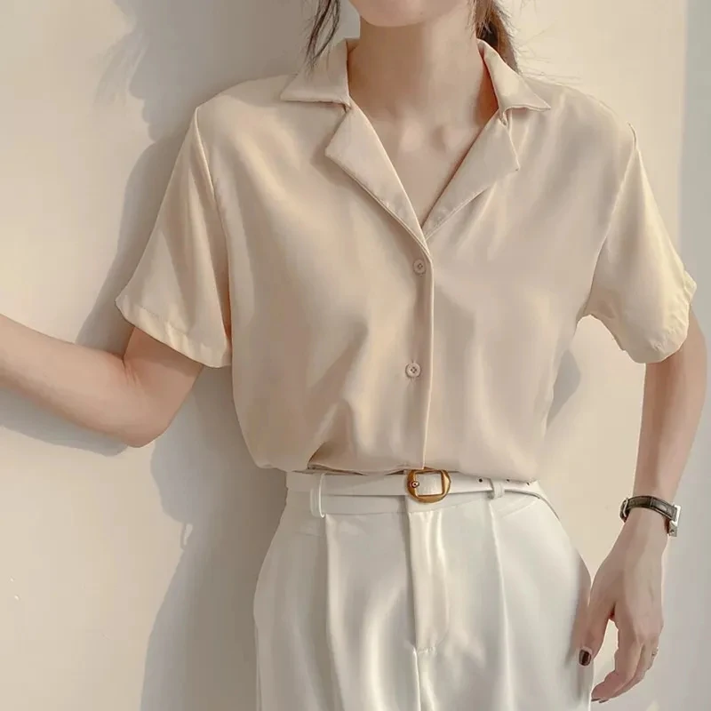 

Casual Shirts Chiffon Short Sleeve Blouse Women Summer Loose Office Comfortable Shirt Female Fashion Solid color Cardigan Tops