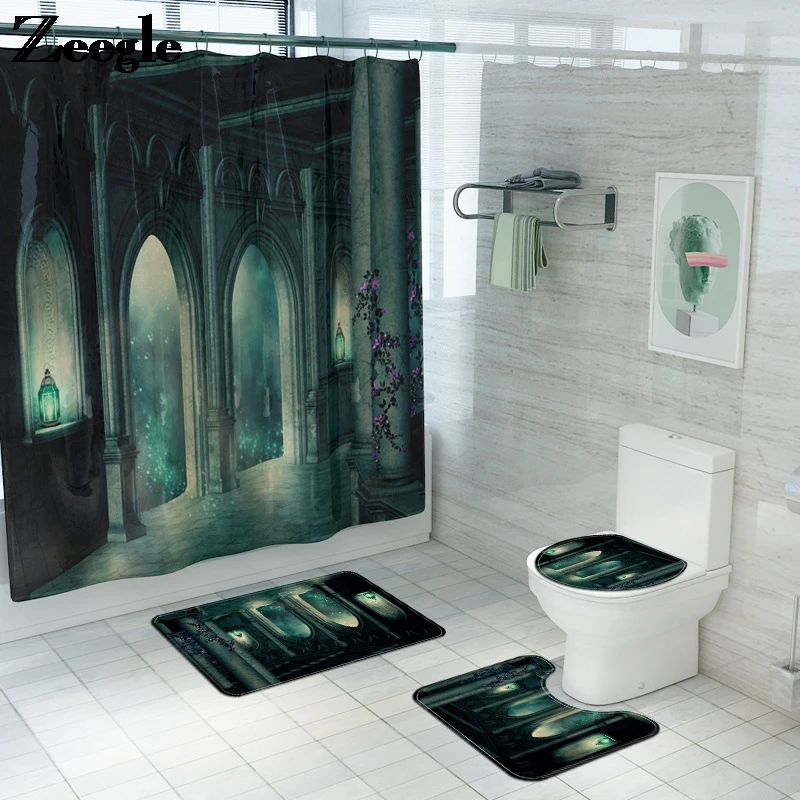 

Zeegle Printed Bath Mat and Shower Curtain Set Toilet Mat Carpet Bathroom Anti Slip Mat for Bathroom Flannel Foot Mat