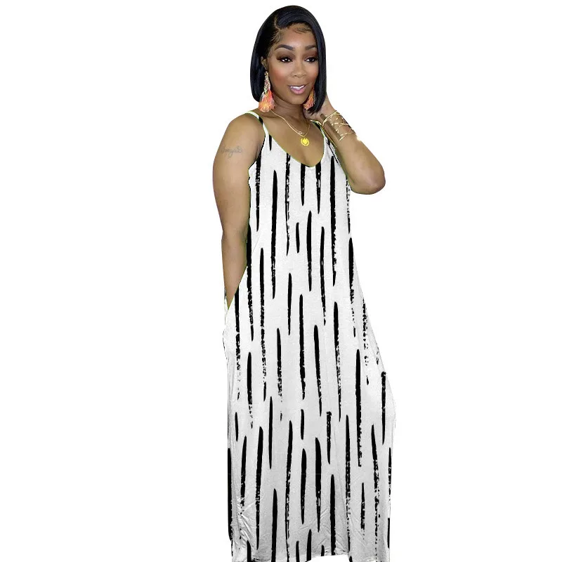 

2021 New Summer Printed Sling Pocket Dress Women's Loose Long Skirt