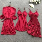 Комплект пижамный женский атласный из 4 предметов, одежда для сна с вышитыми цветами, домашняя одежда, жилет, пальто и шорты, шелковая ночная одежда