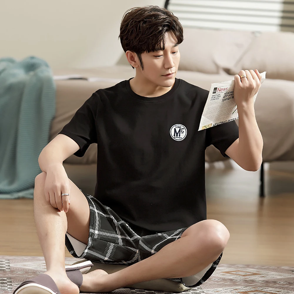 

Plus Size Pajamas For Men Casual Cotton Print Pajama Sets Summer Short Sleeve Pijama+Elastic Striped Shorts Home Suit Pyjamas