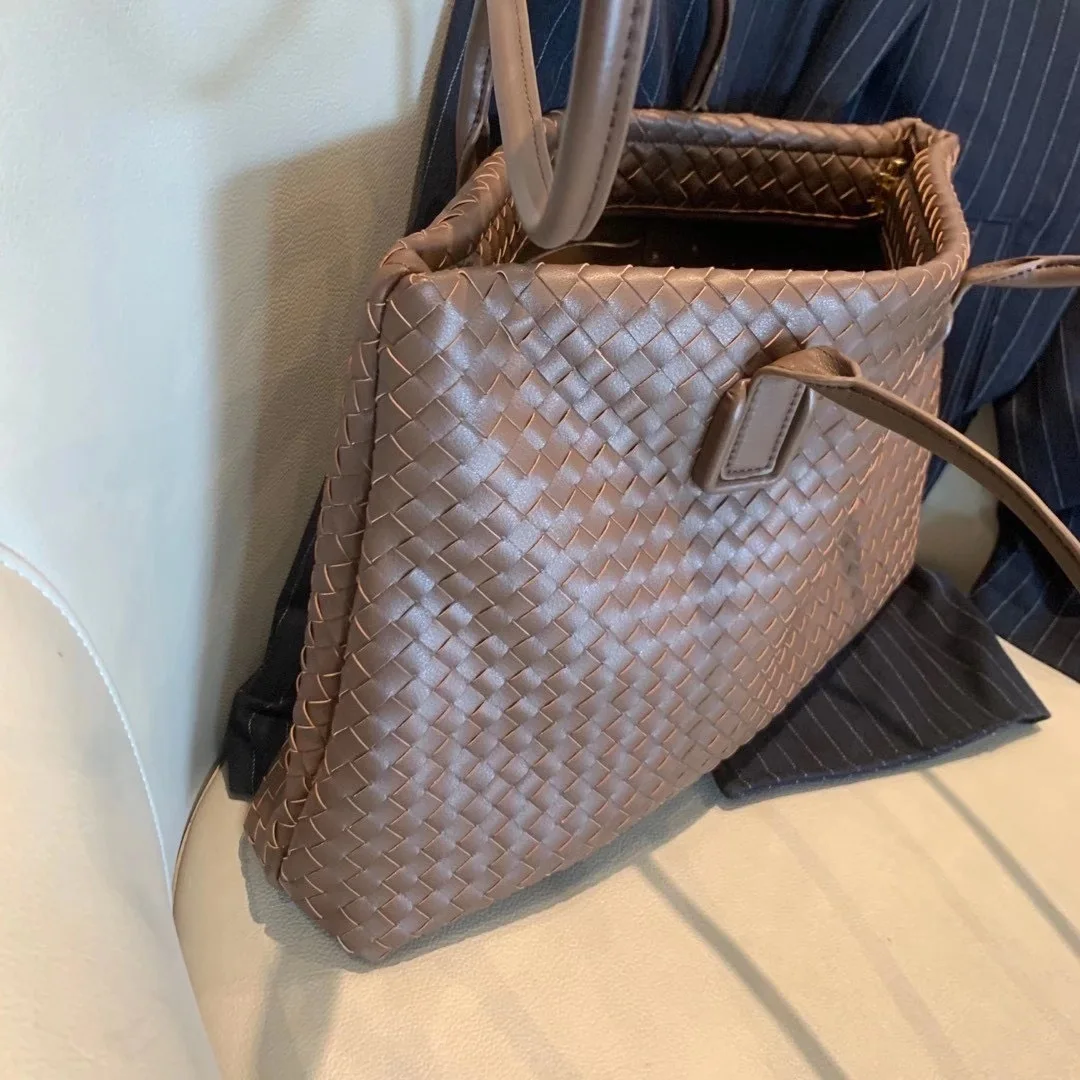 

New Female Genuine Cowhide Woven Large Capacity Caucal Tote Purse Women Real Leather Solid Big Handbag Shoulder Bag