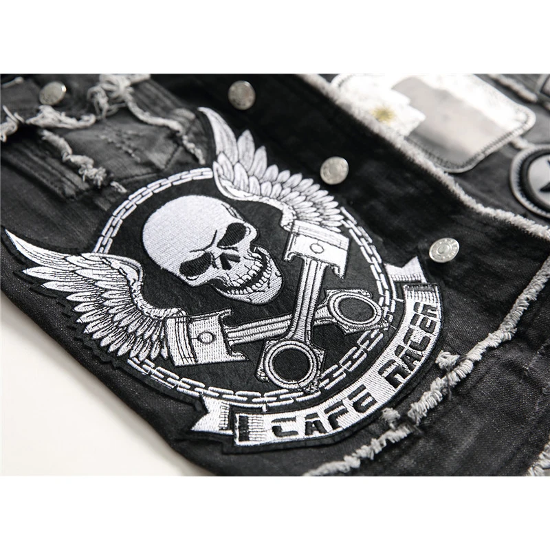 

Punk Men Denim Vest Jackets Coats Spring Autumn Black Skull Embroidery Denim Waistcoat Brand Slim Fit Sleeveless Jacket for Men