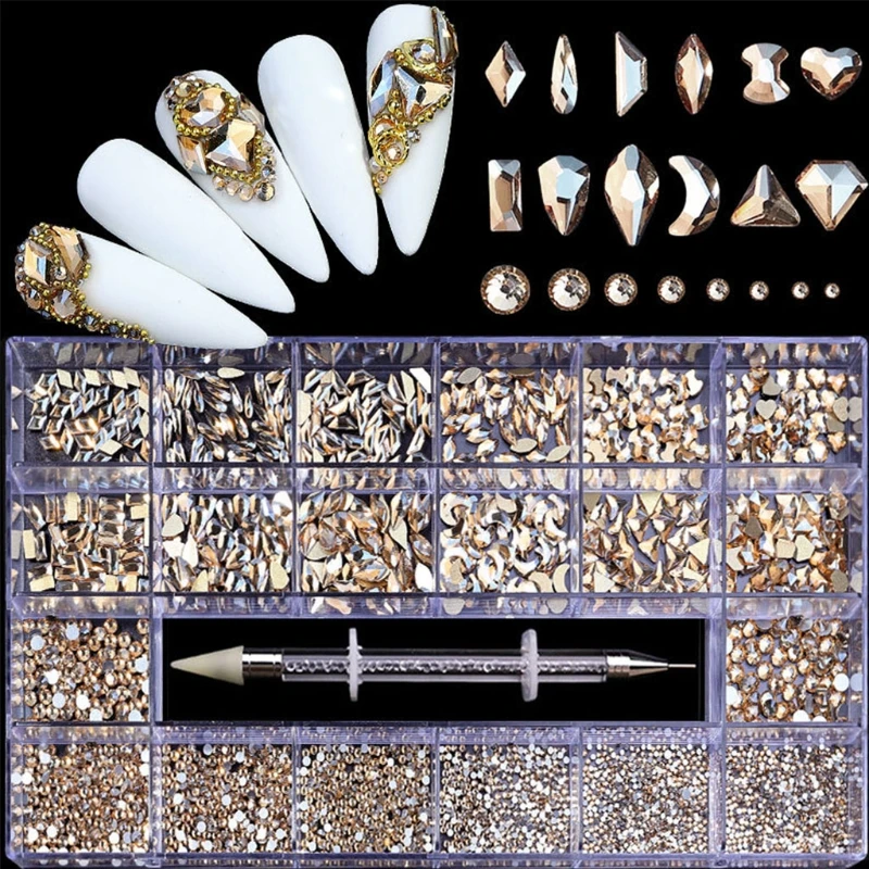 

AB Crystal Rhinestones Set, Rhinestones Nail Art Set Nail Gems Iridescent Clear Class Multi-Shape Flat Back Shiny Nail