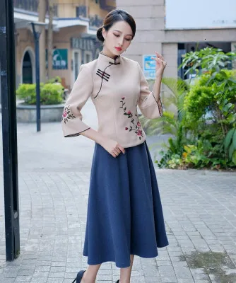 apricot suit Sheng Coco Woolen Chinese Blouse Coat LadiesTraditional Chinese Shirts Embroidery Blouses Woolen Suit Classic Blue Suit - Цвет: apricot suit