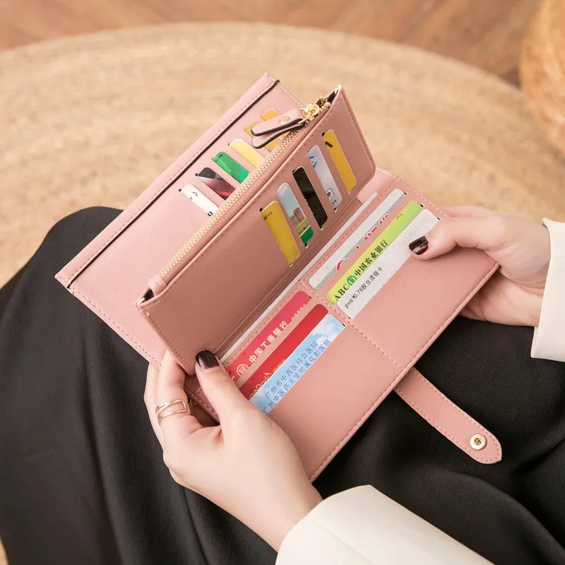 

Women's Simple Retro Long Wallet 3 Folds Japan South Korea Fashion Zipper Clutch High Quality Leather Hasp Card Holders mujer