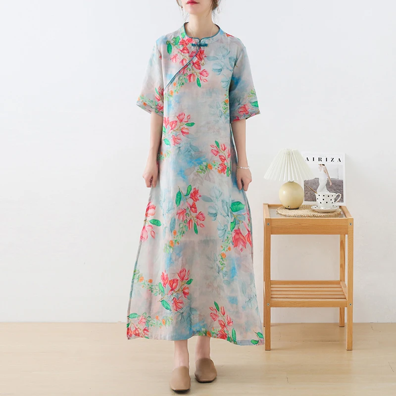 Women Loose Printed Robe Ramie Vintage Dress Ladies Plus Size Clothing Summer Chinese Female Oversize Party Qipao Dresses 2021