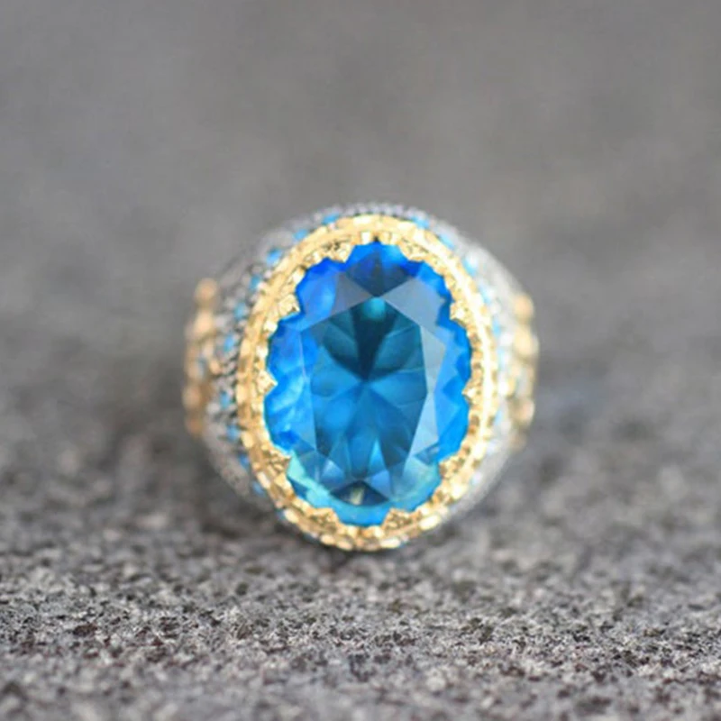 

Retro Luxury Blue Crystal Round Ring for Men Anniversary Party Engagement Wedding Jewelry Gift