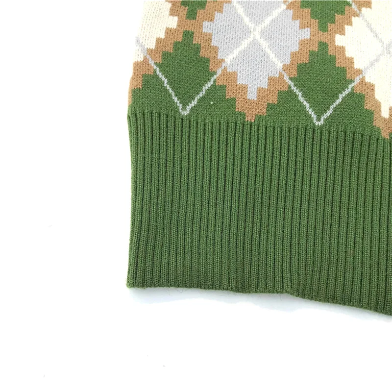 

Vintage Geometric Rhombic Knitted Waistcoat 2020 Women Autumn Sleeveless V-Neck Casual Sweater Outwear Korean Loose Office Vest
