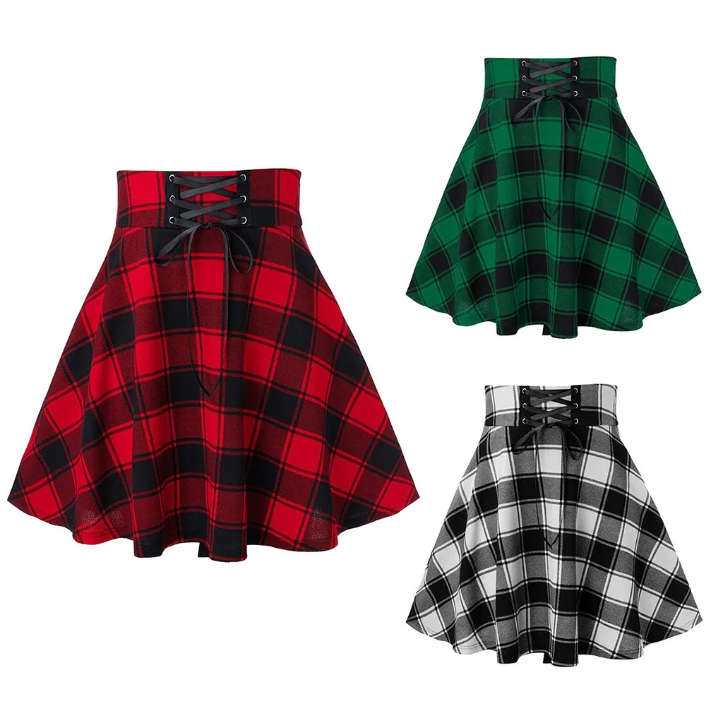 

Gothic Punk Harajuku Women Plaid Print Skirt Lace Up Hip Hop Winter Casual Green Grey Red Plaid Pleated Woolen Skater Punk 2021