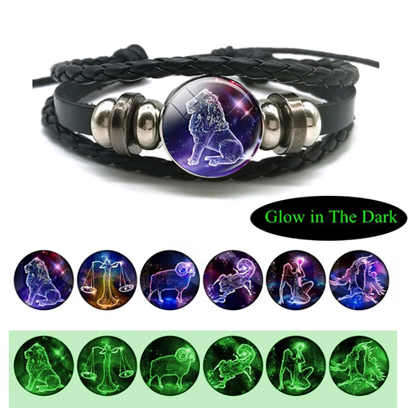 Подарок на день рождения светящийся браслет 12 созвездий мужской кожаный Шарм