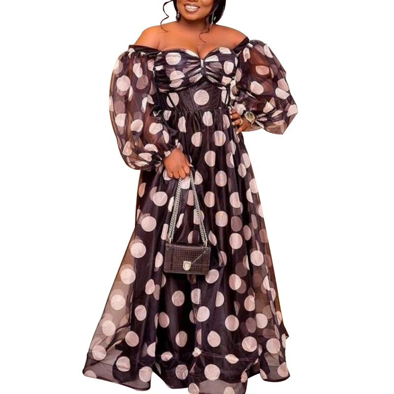 

African Long Maxi Dress Women's Dots Slash Neck Off The Shoulder Backless Daily Evening Party Dress African Dresses For Women