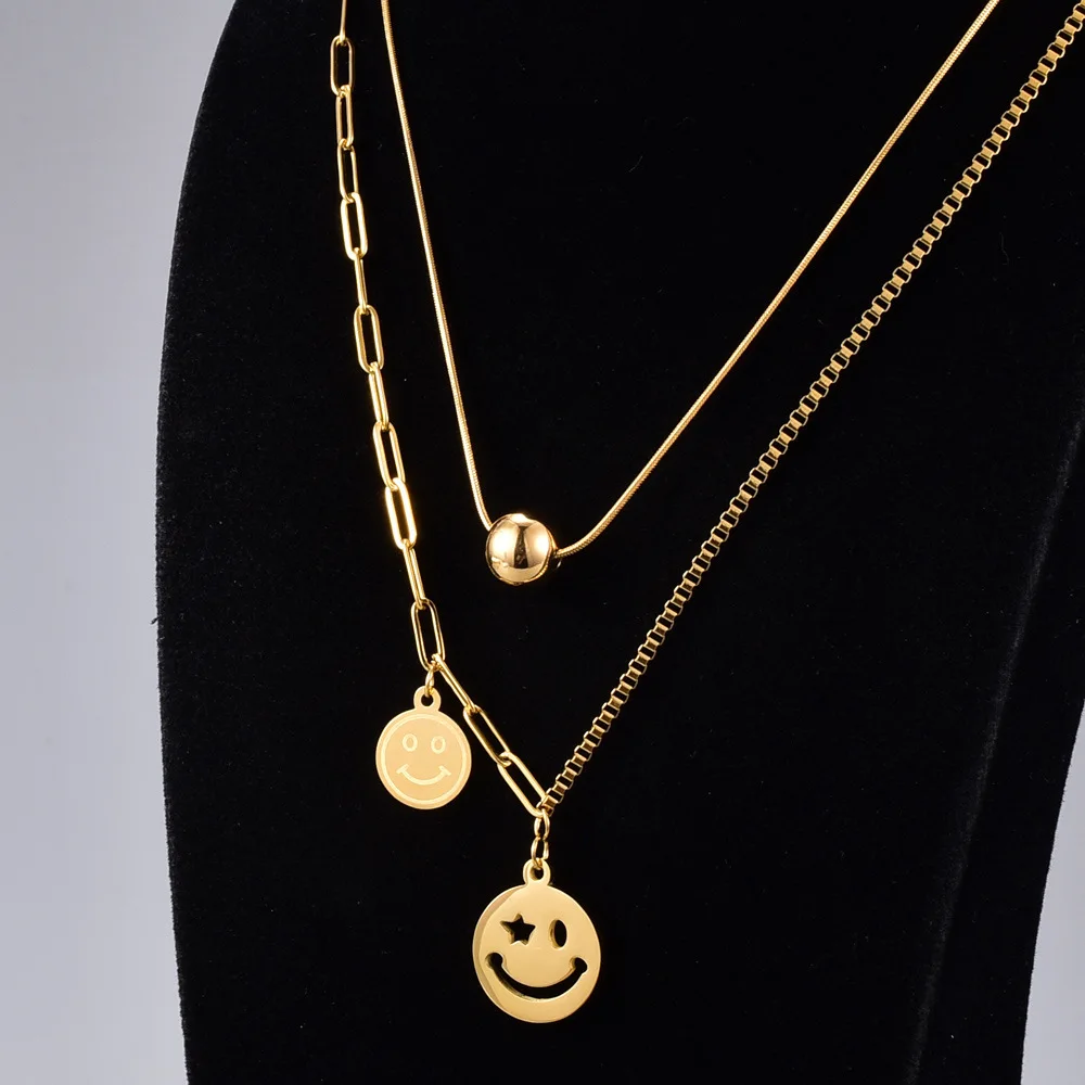 

3 Layers of Irregular Smiley Faces Shaped 18k Yellow Gold Pendant Necklace for Women Necklaces Chain Ins Hip Pop Jewelry Gifts