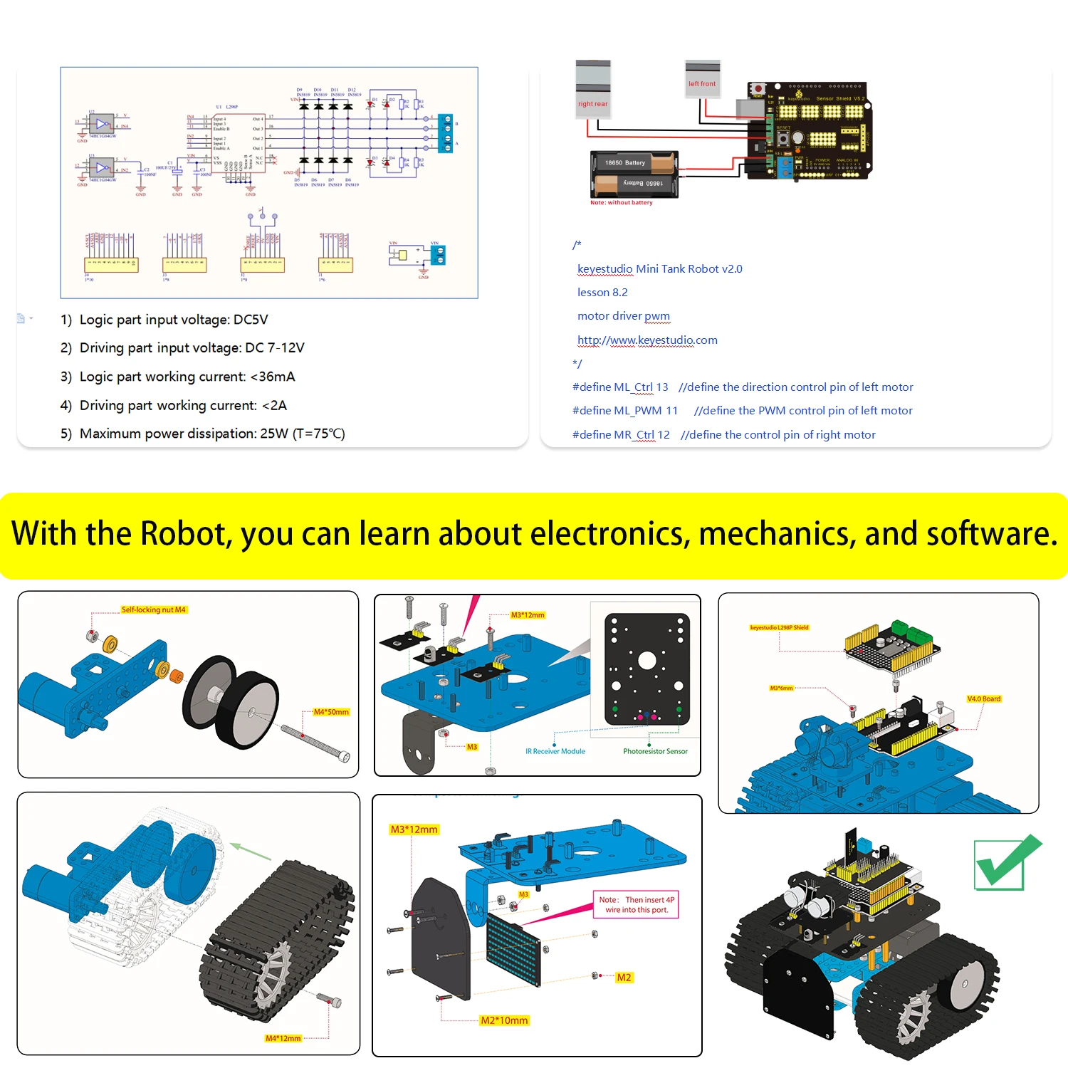 Keyestudio DIY Mini Tank Robot V2.0 Smart Robot Car Kit forArduino Robot Kit STEM+ 15Projects IOS &Android Control CE Compliant
