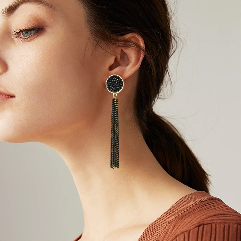 

BICUX 2019 New Fashion Crystal Black Plated Tassel Dangle Hanging Drop Earrings for Women Korean Rhinestone Long Earring Jewelry