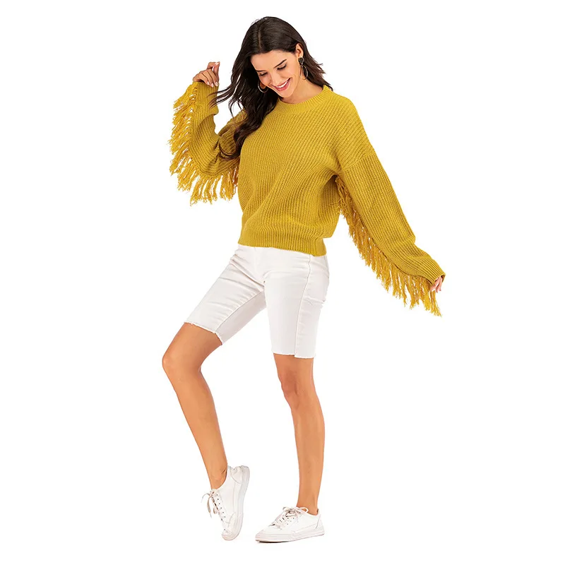 Женский пуловер с длинным рукавом повседневный желтый свитер круглым вырезом и