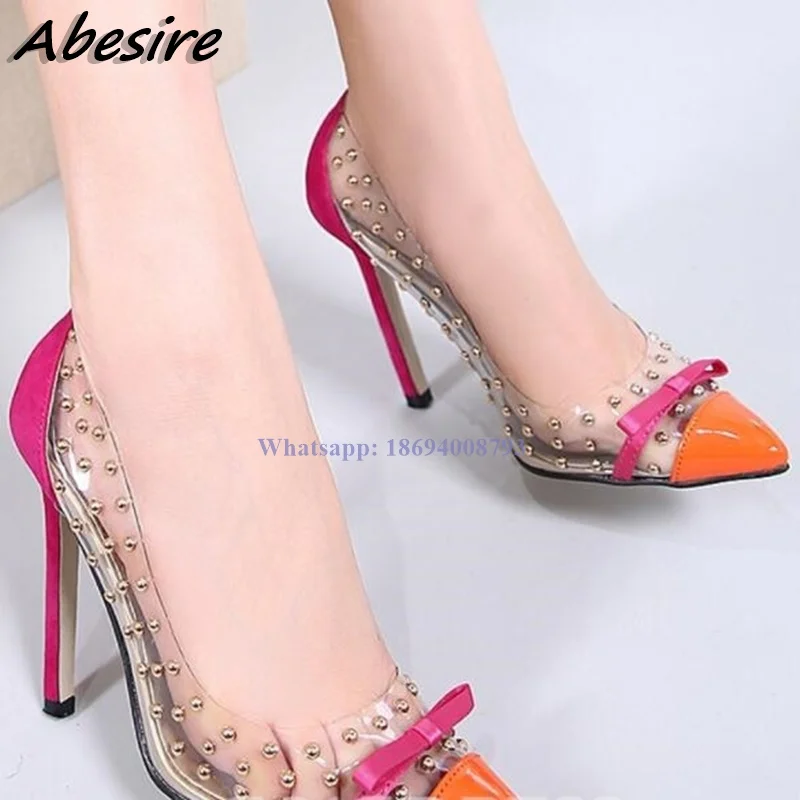 New Women High Heel Pumps Clear PVC Bow Know Rivet Shallow Stilettos Pumps Spring Sexy Wedding Shoes For Women Big Size Pumps