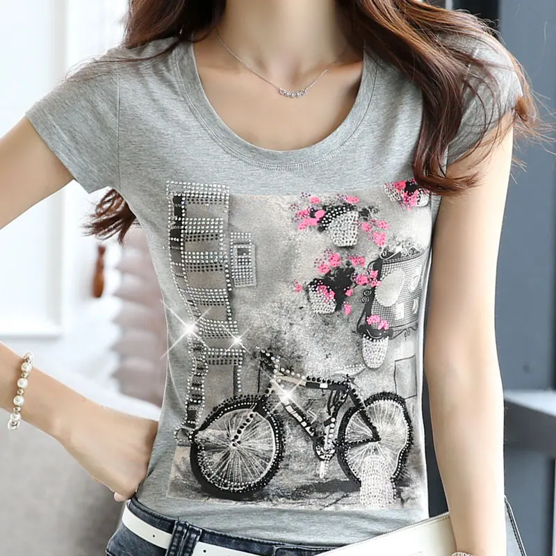 Горячая Алмаз футболки 2019 новые летние женские Стразы Футболка женская верхняя