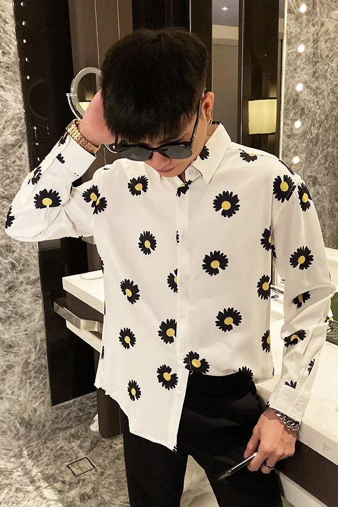 

Autumn Men 2021 Shirts Long Sleeve Casual Shirt Chrysanthemum Print Slim Fit Streetwear Shirts Social Party Blouse Camisa Homme