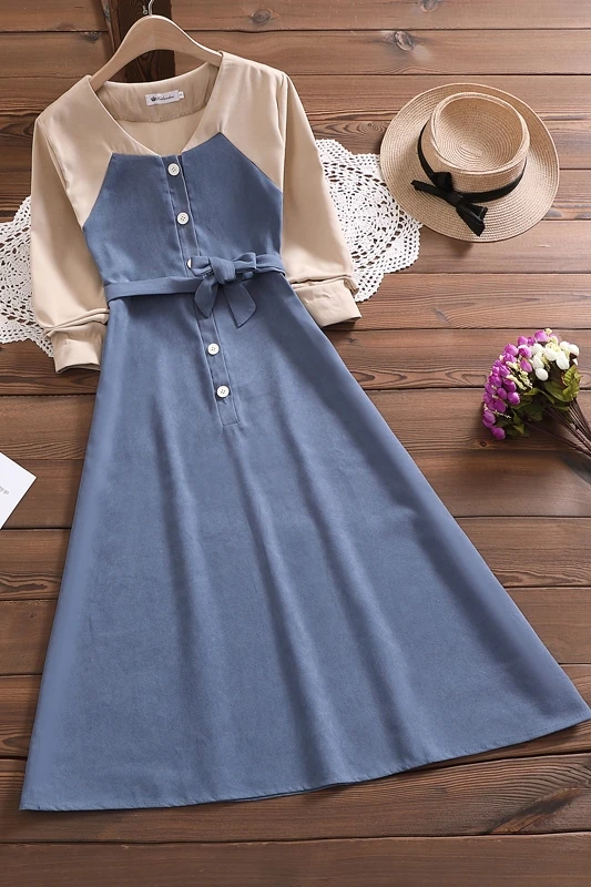 

Dress A- Style V-neck One-piece Pullover Natural Full Solid Mori Girl Casual Regular Knee-length Autumn Women Fashion Dress