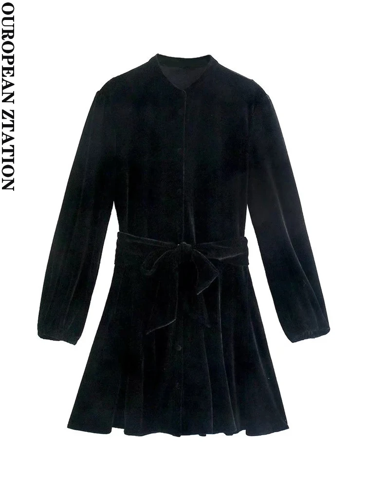 

Женское бархатное мини-платье с поясом za, винтажное платье на пуговицах с длинным рукавом, 2021